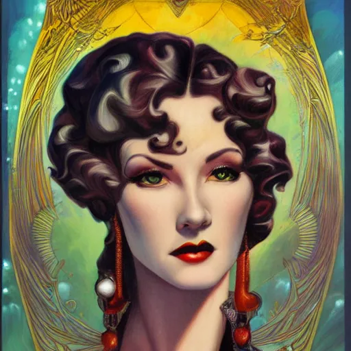 Image similar to an art deco portrait in the style of anna dittmann and donato giancola and virgil finlay.