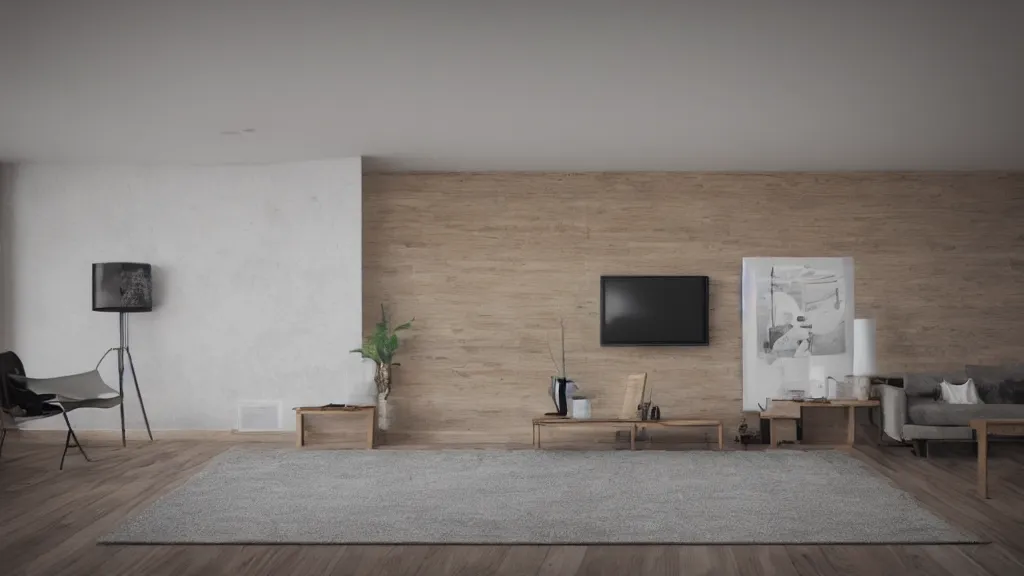 Image similar to living room, wooden floor, concrete wall, contemporary furniture, photorealistic render in octane