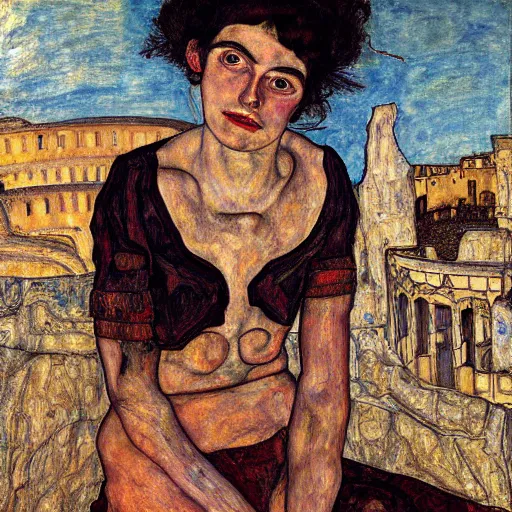 Image similar to a highly detailed painting by egon schiele of a young woman with black hair having an existential crisis on a terrace overlooking the colosseum, 4 k