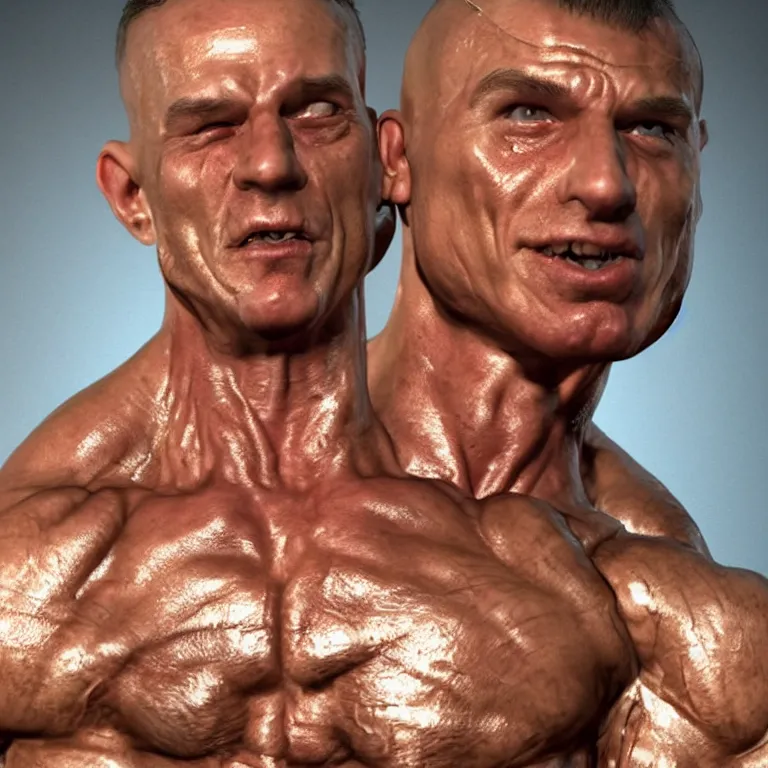 Prompt: octane render portrait by wayne barlow and carlo crivelli and glenn fabry, a incredibly horrifically muscular shredded ripped couple covered in shiny baby oil posing for a 1 9 9 0's sear's portrait photo while holding a small adorable demon puppy, cinema 4 d, ray traced lighting, very short depth of field, bokeh