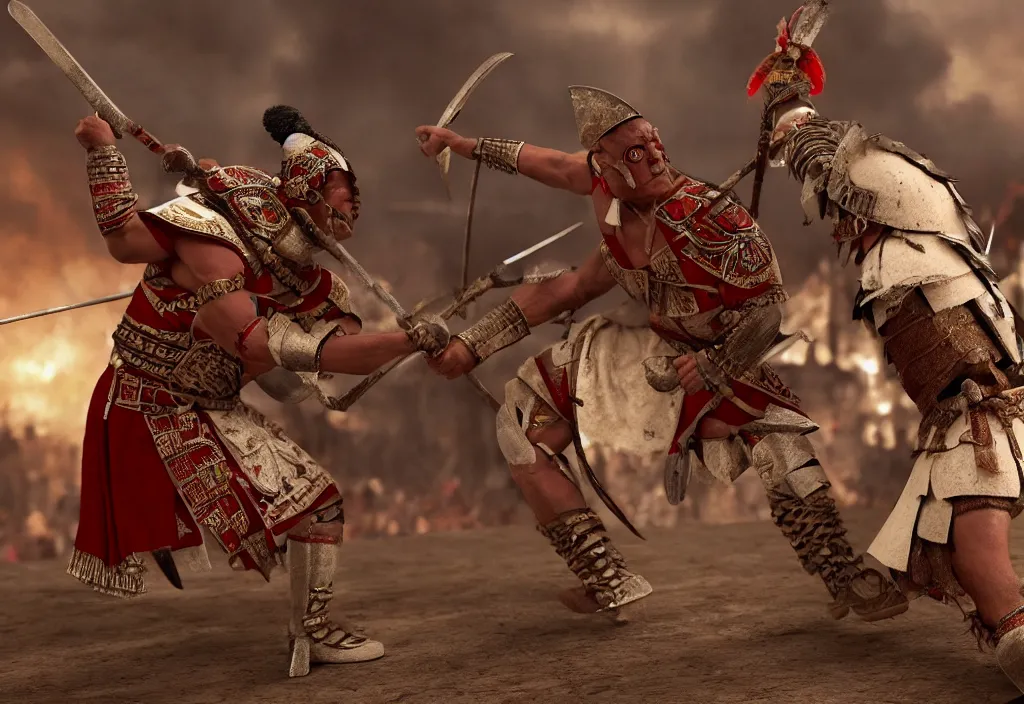 Image similar to a aztec warrior fighting the pope, high quality CG render, 4K