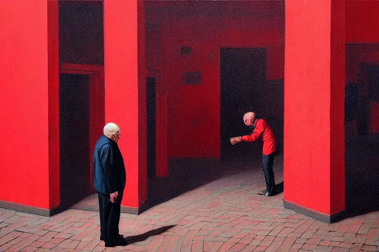 Prompt: only with red, a red old stylish man try to sell a portrait, crowd cheering, in a city square, in the style of beksinski, parts by edward hopper, parts by rodcenko, parts by yue minjun, intricate and epic composition, red by caravaggio, insanely quality, highly detailed, masterpiece, red light, artstation, 4 k