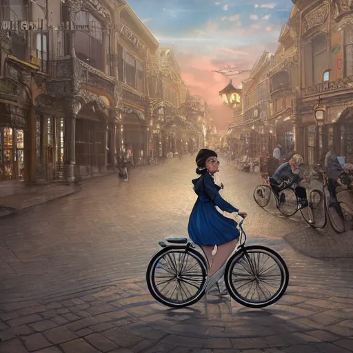 Image similar to girl riding on bike through victorian town square, digital art, by ben weiner, richard estes, range murata, akiyuki shinbou, yoshitaka amano, wlop, highly detailed, realistic, cinematic, bold colours, photorealism, 4 k, wide angle lens, trending on artstation, artgerm