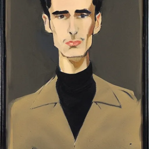 Image similar to art of a portrait by marc davis, a man in his thirties, mix between french, turkish and russian, short black hair with bangs, very tall and slender, wearing a retro - futuristic beige and black utilitarian jumpsuit.