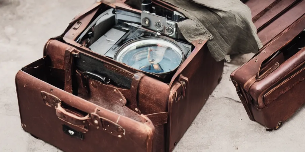 Prompt: a brown leather suitcase that carries a small time machine, cinematic, 8 5 mm lens, shot on arri alexa