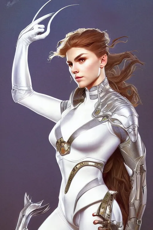 Image similar to portrait of strong caracal wearing white clothes. smooth silver armour, deep focus d & d fantasy, elegant porcelain highlights, by artgerm and greg rutkowski and alphonse mucha
