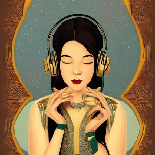 Image similar to intricate, amazing, art deco, retro vintage, painting by natelle quek, soft color palette, highly detailed, godess with headphones from space sci - fi of ancient religion