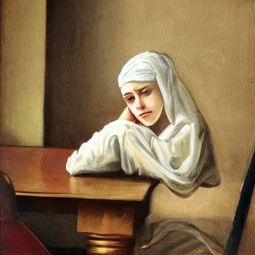 Image similar to a girl with a white headkerchief sitting alone on a birthday table looking sad high detailed painting