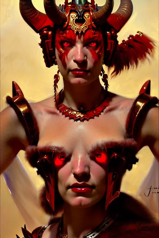 Image similar to painted close - up portrait of a very attractive red - skinned intimidating demon cyborg queen with ram horns! oil painting, wearing a noblewoman's outfit, fantasy art by john singer sargent and gaston bussiere and james jean and greg rutkowski, demon noble character design, hd