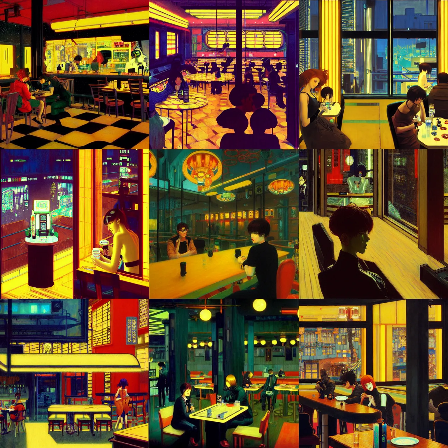 Image similar to A cyberpunk cafe painted by Ilya Kuvshinov and Gustav Klimt and Edward Hopper