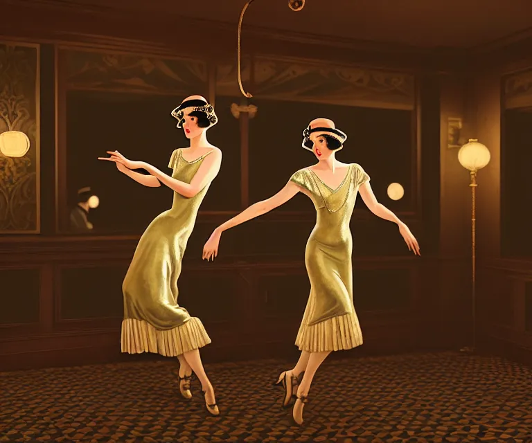 Prompt: a beautiful classy dancing couple, dimly lit upscale 1920s speakeasy, relaxed pose, art deco, detailed painterly digital art style by Wes Anderson, retro vibe, 🍸, 8k octane beautifully detailed render, post-processing, extremely hyperdetailed, intricate, epic composition, grim yet sparkling atmosphere, cinematic lighting + masterpiece, trending on artstation, very detailed, vibrant colors, Art Nouveau, masterpiece