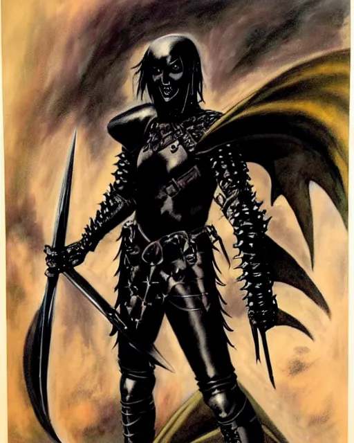 Image similar to portrait of a skinny goth punk keany reeves wearing armor by simon bisley, john blance, frank frazetta