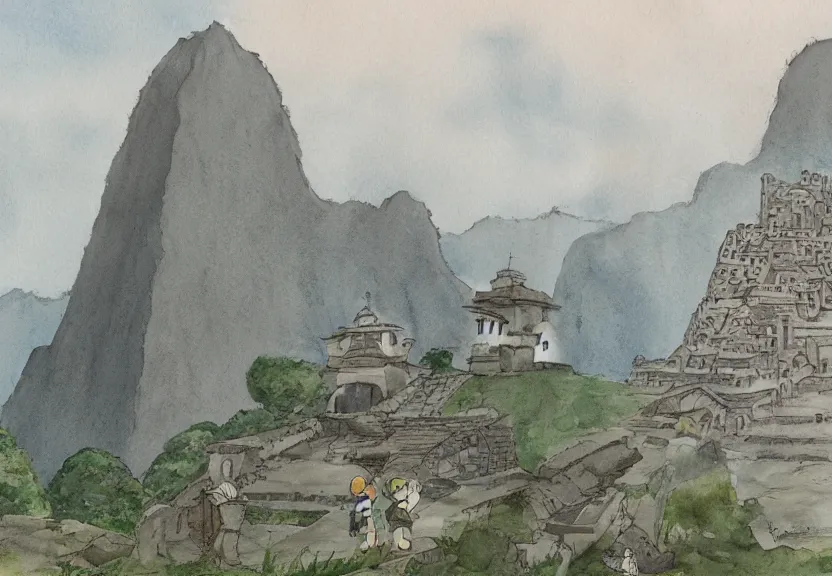 Image similar to a cell - shaded watercolor concept art from a studio ghibli film showing one giant grey alien. a temple is under construction in the background in machu pichu on a misty and starry night. by studio ghibli. very dull muted colors