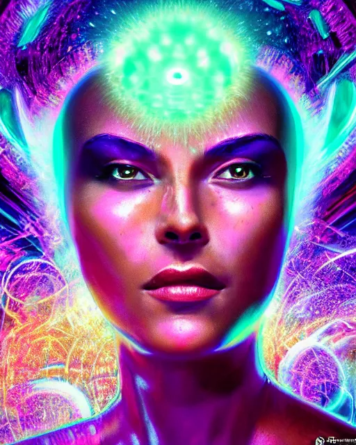 Image similar to a powerful energy psychedelic matrix latin woman, by alexander fedosav, hyper detailed digital matte painting, concept art, hyperrealism, 1 6 k resolution, cinema 4 d, 8 k resolution, trending on artstation, behance hd, a masterpiece, by stephan martiniere, particles, cel - shaded, power bright neon energy, by david a. hardy