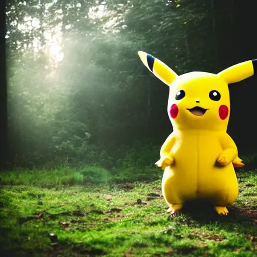 Image similar to Adorable life sized pikachu standing at a distance in the forest. Backlit with rays of sunlight. 35mm.
