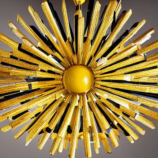 Prompt: chandelier in the shape of a sun with yellow accents designed by salvador dali