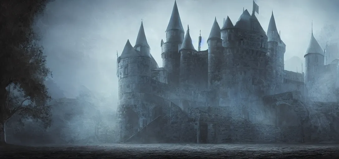 Image similar to A digital concept art painting of a dark blue medieval fantasy european ghotic castle with black brick in desert, 4K UHD image, unreal engine