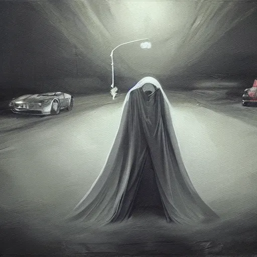 Prompt: ominous bedsheet ghost with pee stain standing in front of a cars headlights late at night, oil painting, brush strokes, highly ornate intricate detail, gloomy mood,