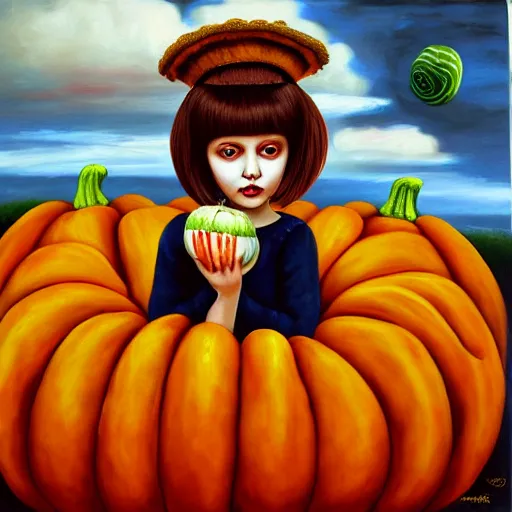 Prompt: Girl eats a giant pumpkin, painting by Mark Ryden