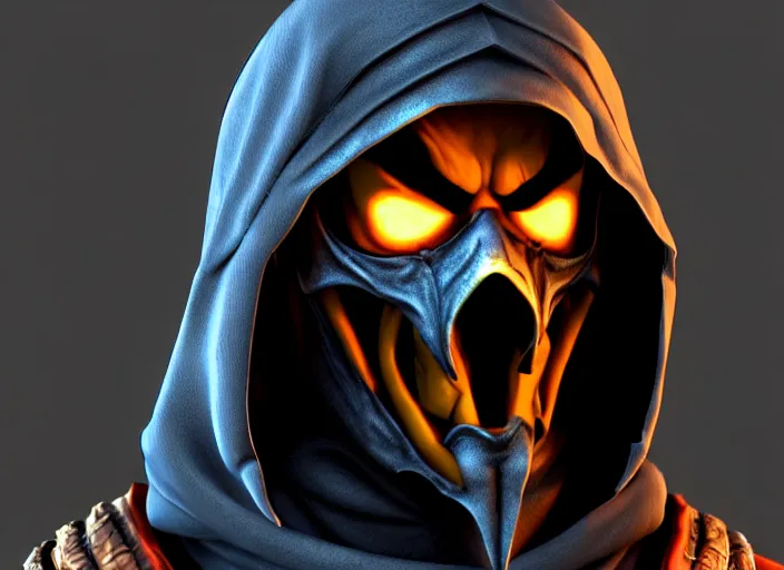 Image similar to hooded skull, with mortal kombat subzero style facemask, stylized stl, 3 d render, activision blizzard style, hearthstone style, crash bandicoot artstyle