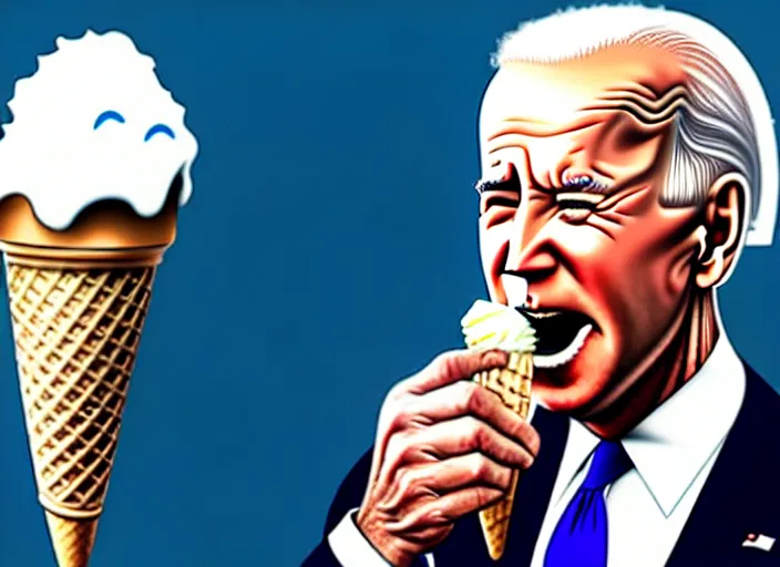 Image similar to political cartoon, joe biden eating an ice cream cone, white background, realistic, detailed