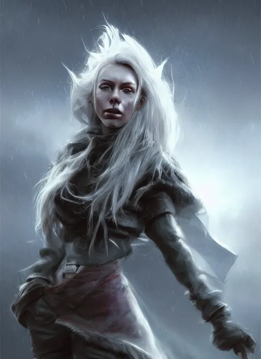 Image similar to ( hyperrealist nordic drow full body wallpaper on a windy storm planet ) by daniel f. gerhartz and matt stewart, photorealistic, dynamic lighting, bet face, very detalided body, beautiful, perfect factions, trending on artstation, poster, volumetric lighting, 4 k, award winning