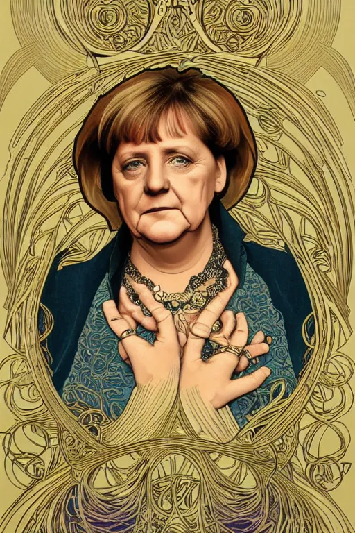 Image similar to an intricate frontal view portrait of Angela Merkel, in the style of Alphonse Mucha, poster art ca. 1900, hyperrealistic face, astonishing, digital art, trending on art station
