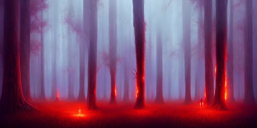 Prompt: strange alien forest, glowing fungus, misty, red glowing horizon, fireflies, ultra high definition, ultra detailed, symmetry, sci - fi, dark fantasy, by greg rutkowski and ross tran
