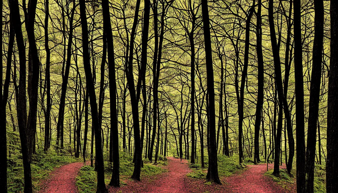 Image similar to hiking trail beneath trees by dan mumford and peter doig and edward hopper, symmetrical, minimal, black ink, thick lines highly detailed, muted colours 8 k