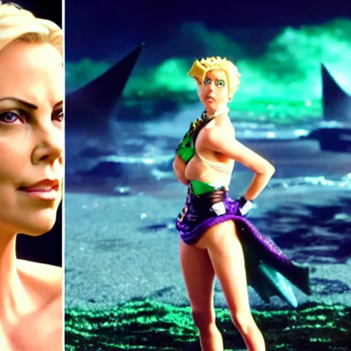 Prompt: cinematic scene with charlize theron as jolyne from jojo's bizarre adventure, live action film, stone ocean, dramatic, small details, volumetric lighting, still frame