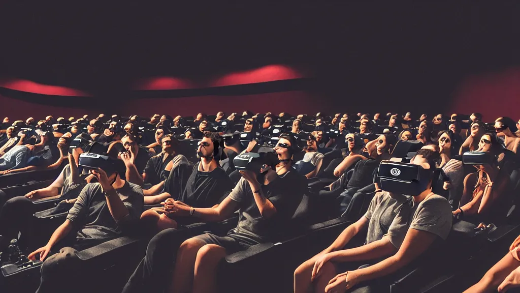 Image similar to people in a busy dark movie theatre, all of themare wearing vr headsets with art direction by salvador dali, wide lens