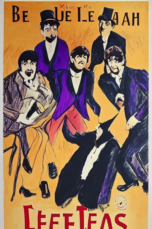 Image similar to poster announcing a Beatles concert in a french cabaret, john lennon, paul mccartney, ringo starr, by Toulouse-Lautrec, 4k,