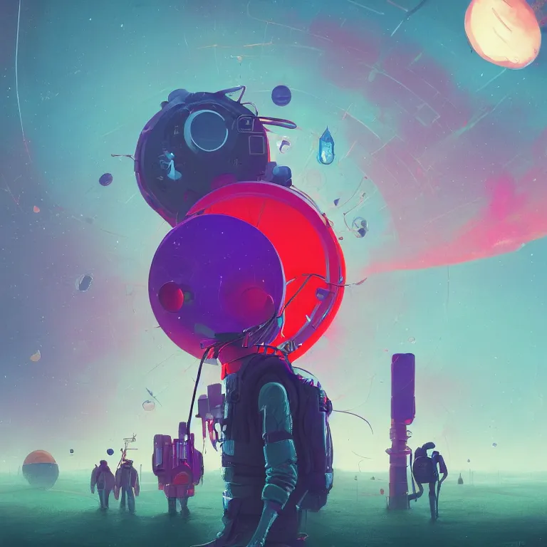 Prompt: a circle portal structure floating in outer - space, person wearing a backpack, cyberpunk, epic surrealism, indigo, bright red, purple, cyan, lime green, detailed digital matte painting in the style of simon stalenhag and painting by ralph mcquarrie