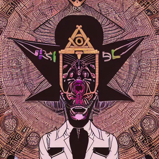 Image similar to portre of an autistic demon on acid, masonic and kabalistic symbols in background, digital art, 8k, delicate details