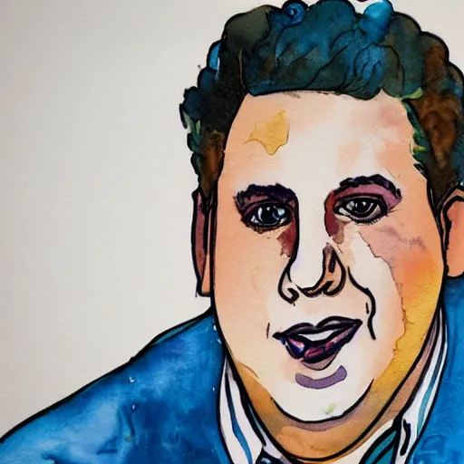 Prompt: jonah hill, stylized. Watercolor and ink. 1980s.