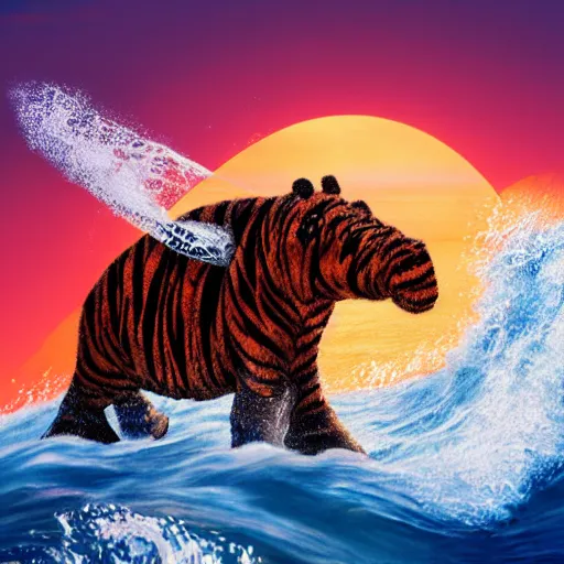 Prompt: a closeup photorealistic photograph of a cute knitted tiger hippopotamus riding an epic wave during sunset. well textured. surf in the background. professional capture. brightly lit scene. this 4 k hd image is trending on artstation, featured on behance, well - rendered, extra crisp, features intricate detail, epic composition and the style of unreal engine.