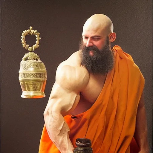 Image similar to bodybuilder bull wearing a monk robes holding incense burner. natural lighting by ruan jia, portrait