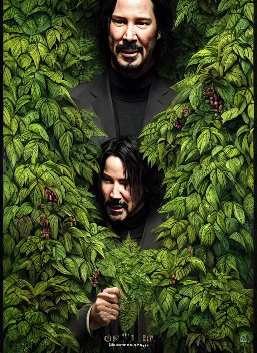 Image similar to highly detailed comedy caper movie poster with silly wacky zany keanu reeves hiding in leaves, keanu reeves face inside a leafy bush by greg rutkowski