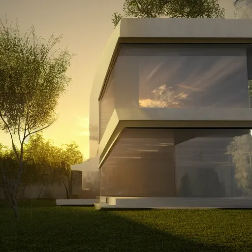 Image similar to detailed non-Euclidean stunning sophisticated beautiful house,hexagonal greebles, stunning volumetric light, sunset, concrete and translucent material, stunning skied, 8k