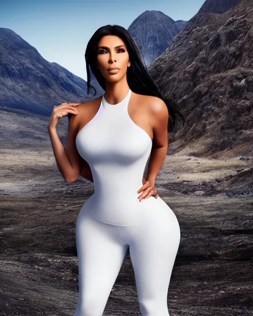 Image similar to kim kardashian, centered full body rear-shot, pov from rear, in skintight white sportswear, real photo, photoshooting, studio light, Irish mountains background, intricate, epic lighting, cinematic composition, hyper realistic, 8k resolution, unreal engine 5