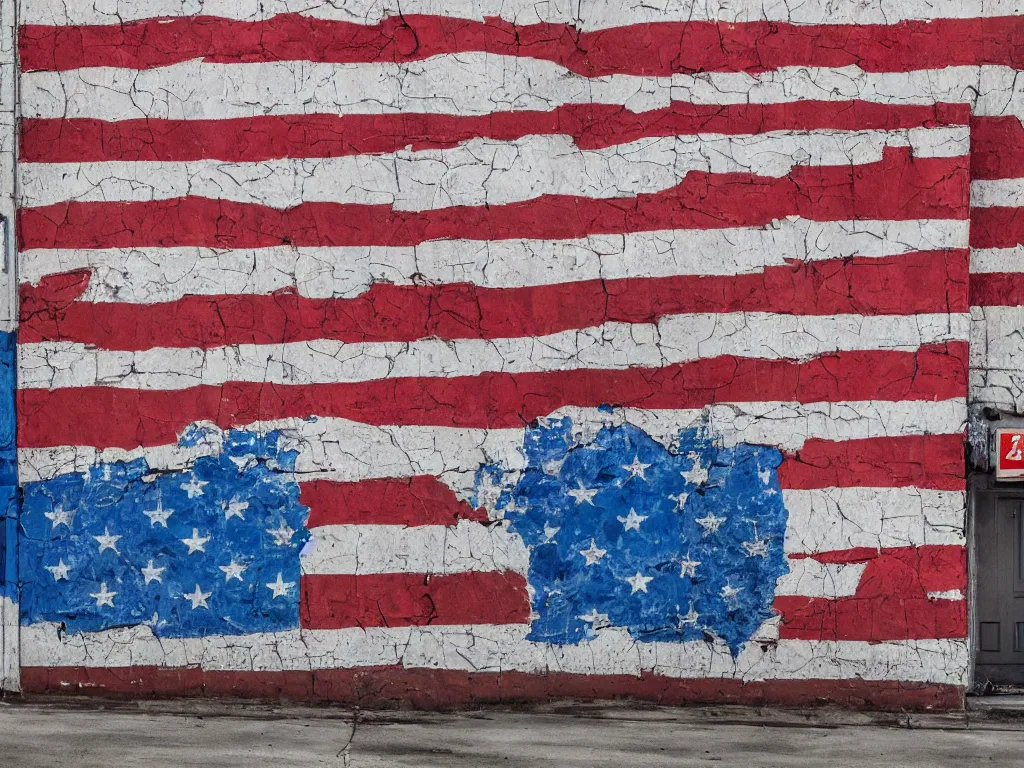 Image similar to an old cinder block wall on the side of a city building painted with a hyperrealistic american flag, cracked paint, aging