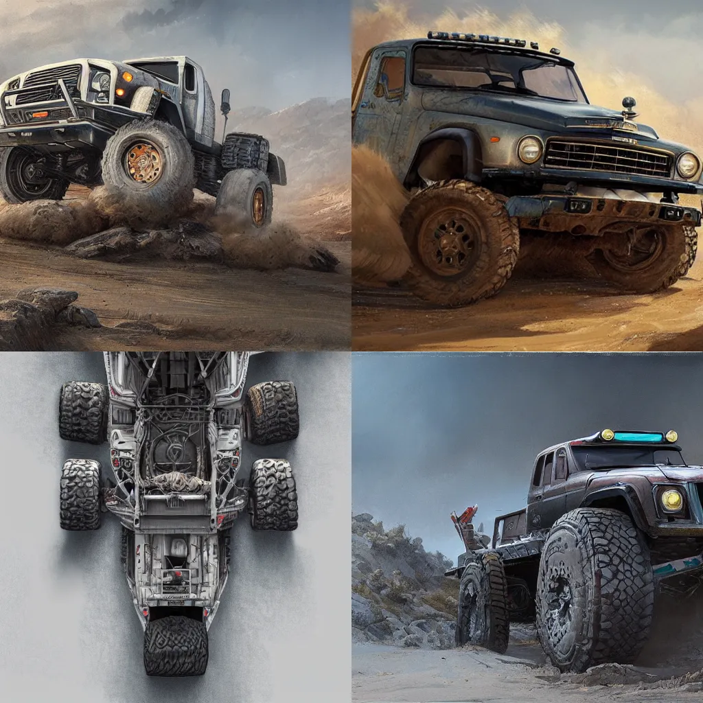 Prompt: full view of a off-road truck, intricate, elegant, highly detailed, digital painting, concept art, smooth, sharp focus, art style from Greg Rutkowski and Bruce Kaiser and Scott Robertson and Dmitry Mazurkevich and Doruk Erdem and Jon Sibal