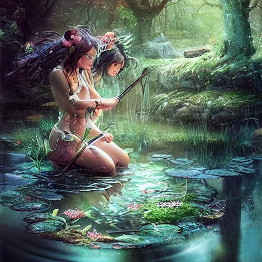 Image similar to a girl warrior and her daughter bathing in a magical pond by ross tran, forest, fantasy, artwork, highly detailed faces