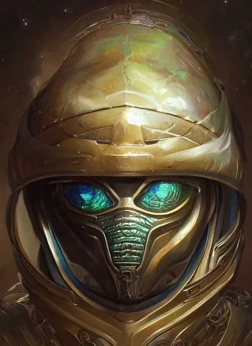 Prompt: space helmet mf doom reptile eyes, opal skin. intricate, elegant, highly detailed, centered, digital painting, artstation, concept art, smooth, sharp focus, illustration, artgerm, tomasz alen kopera, peter mohrbacher, donato giancola, joseph christian leyendecker, wlop, frank frazetta