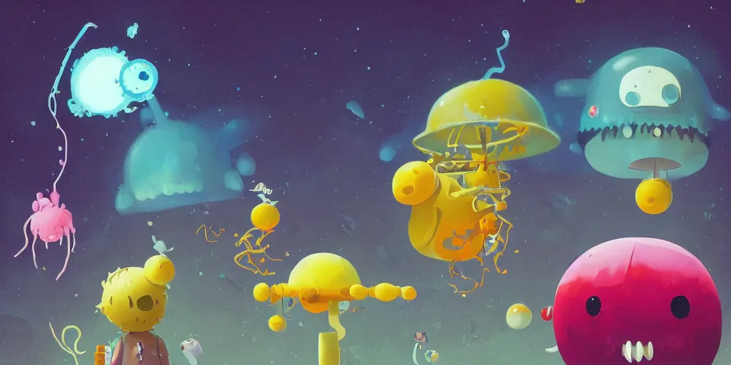 Prompt: cute cartoon monsters and jellyfish in a nebula by Goro Fujita and Simon Stalenhag and Alex Andreev and Chiho Aoshima and Beeple and Banksy and Kandinsky and Magritte and Basquiat and Picasso, 8k, trending on artstation, hyper detailed, cinematic