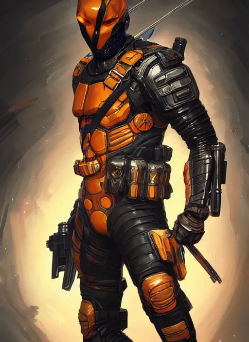 Image similar to portrait of apex legends deathstroke, intricate, elegant, glowing lights, highly detailed, digital painting, artstation, glamor pose, concept art, smooth, sharp focus, illustration, art by artgerm and greg rutkowski, artey freytag