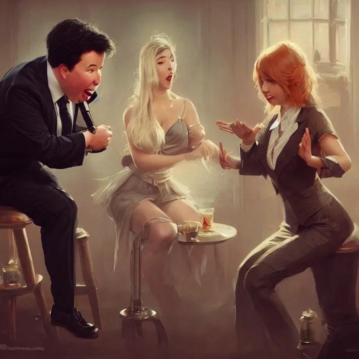 Image similar to michael mcintyre flirting with a singing waitress, elegant, real life skin, intricate artwork, high detailed, artstation, concept art, smooth, sharp focus, art by artgerm and greg rutkowski