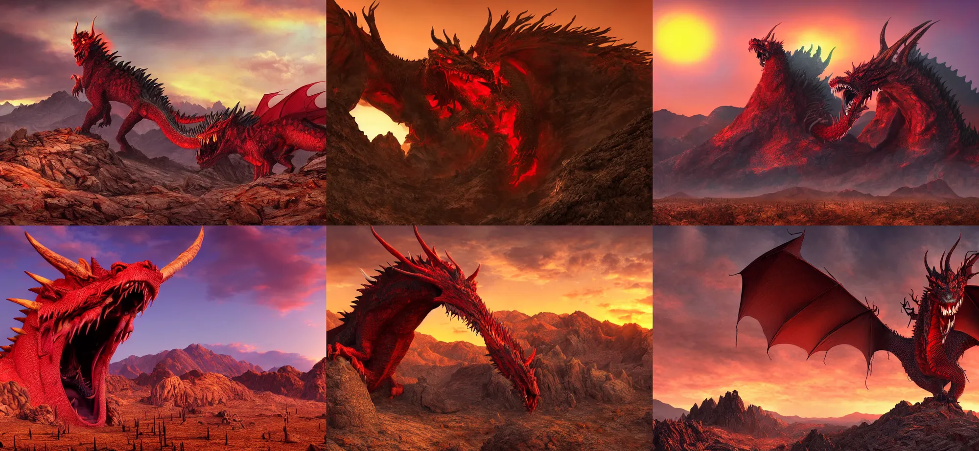 Prompt: gaping maw of a giant, roaring red dragon with long sharp teeth and horns, perched on a mountain top in the mojave desert at sunset. photorealistic fantasy art. highly detailed. 4 k. horror theme.