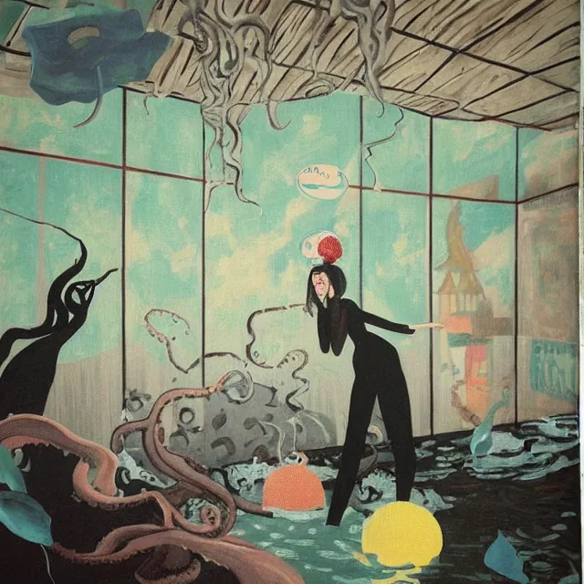 Image similar to tall female emo artist holding an octopus in a flooded cafe, octopus, water gushing from ceiling, painting of flood waters inside a cafe, a river flooding indoors, pomegranates, pigs, ikebana, water, octopus, river, rapids, waterfall, black swans, canoe, berries, acrylic on canvas, surrealist, by magritte and monet