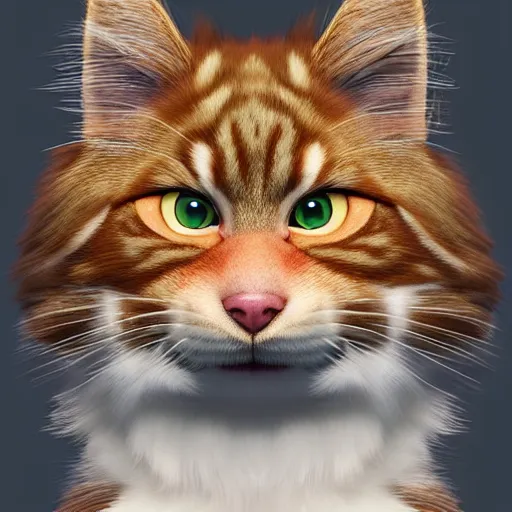 Prompt: orange maine coon, norwegian forest cat, cuddly fur, pixar cute, highly detailed, sharp focus, digital painting, artwork by Victor Adame Minguez + Yuumei + Tom Lovell + Sandro Botticelli